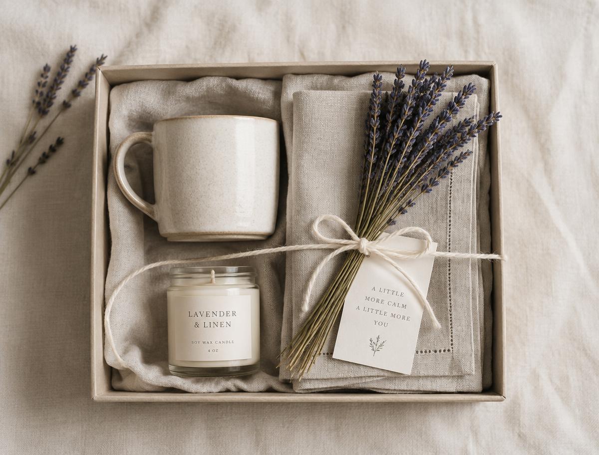 A curated gift set with a mug, candle, linen napkin and dried lavender in a box