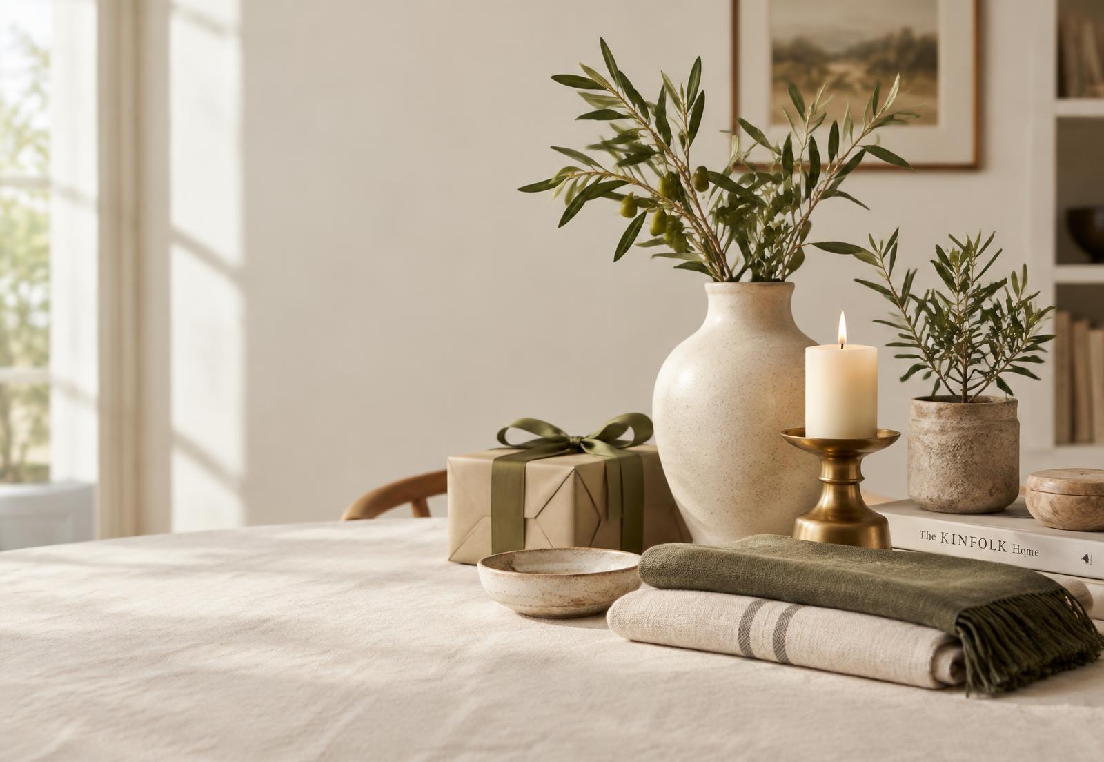 Ceramic vase, brass candle holder, wrapped gift and folded textiles on a cream linen table